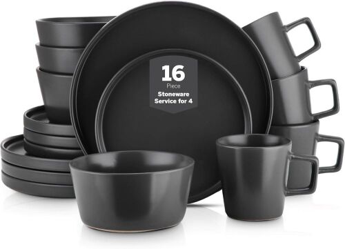 Stone Lain Celina Stoneware 16 Piece Dinnerware Set, Matte Black - Lot 265JF