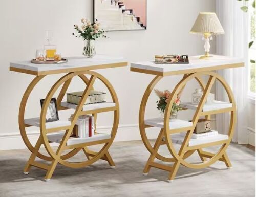 25.59 in. Gold Rectangle Engineered Wood 3-Tier Narrow Side Table with Storage, Set of 2 - Lot 296JF