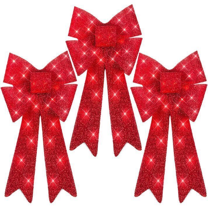 Set of 3 Pre-Lit Christmas Bow Decoration, LED Holiday Decor w/ 8 Functions - Image 1 - Lot 300B