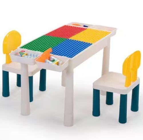 Kids Activity Table and Chair Set with Storage and 100-Pieces Compatible Building Blocks - Lot 712JF