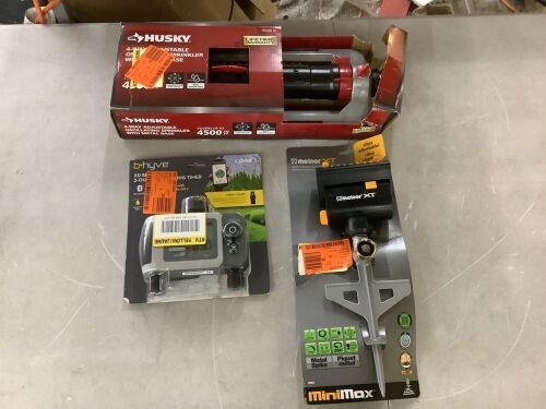 Lot of Husky 4500 sq. ft. Turbo Oscillating Sprinkler; Orbit B-hyve XD Bluetooth 2-Outlet Hose Watering Timer Sprinkler Timer & Mini Oscillator on Step Spike - Lot 714JF