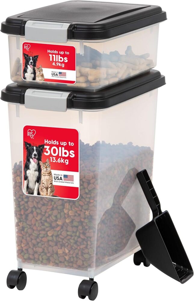 IRIS USA Dog Food Storage Container, 30 lbs & 11 lbs Combo, Cat Food Storage Container, Dog Treat Container, Airtight, Stackable, 2-Cup Scoop, Wheels, Easy Mobility, Black - Image 1 - Lot 9711