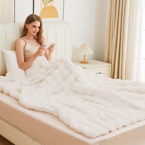 Light Beige Faux Fuzzy Fur Blanket Queen Size 90x90 Ultra Soft Thick Fluffy Blanket Queen for Bed Couch Cozy Furry Home Decor 1000 GSM - Lot 9718