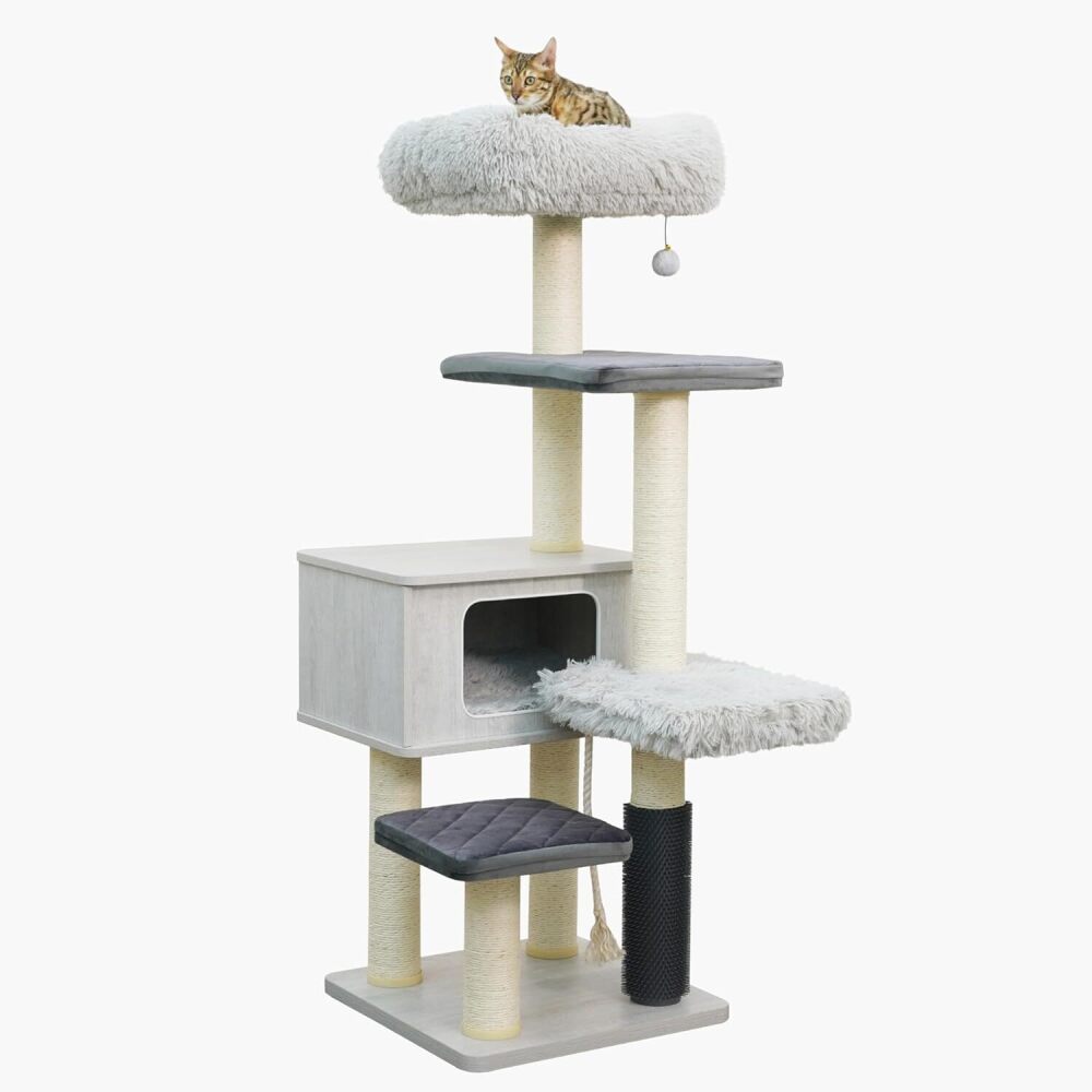 Catry Kasio 6 Level 54" High Modern Cat Tree with Laminated Wood Condo,Replaceable Scratching Posts,Removeable Washable Beds, Self Grooming Brush and Toys.(Light Gray) - Image 1 - Lot 9741