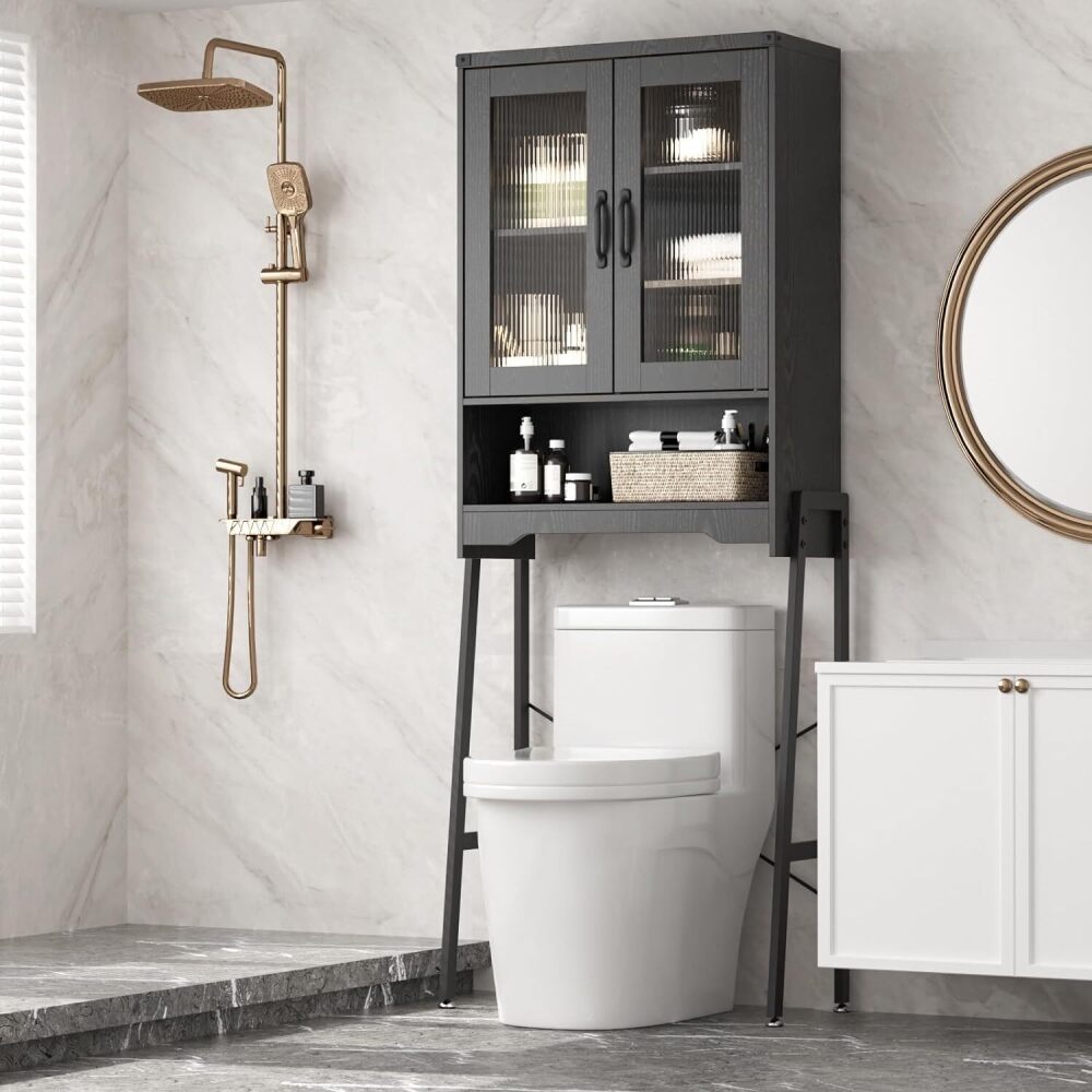 Over The Toilet Storage Cabinet with Tempered Glass Doors & Adjustable Shelf, Bathroom Organizer with Metal Stand Space Saver Over Toilet , Tall Freestanding Shelf/Rack for Bathroom, Black - Image 1 - Lot 9743