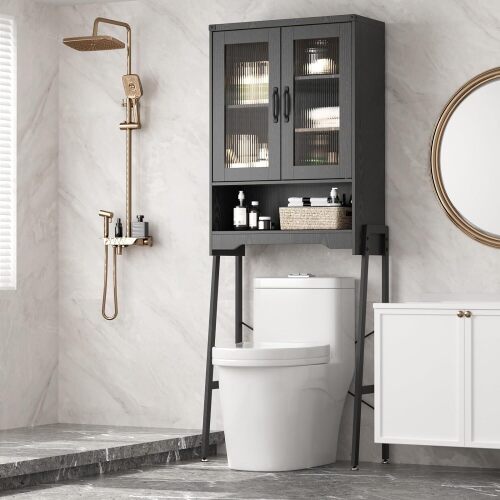 Over The Toilet Storage Cabinet with Tempered Glass Doors & Adjustable Shelf, Bathroom Organizer with Metal Stand Space Saver Over Toilet , Tall Freestanding Shelf/Rack for Bathroom, Black - Lot 9743