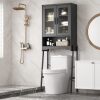 Over The Toilet Storage Cabinet with Tempered Glass Doors & Adjustable Shelf, Bathroom Organizer with Metal Stand Space Saver Over Toilet , Tall Freestanding Shelf/Rack for Bathroom, Black - Thumbnail 1