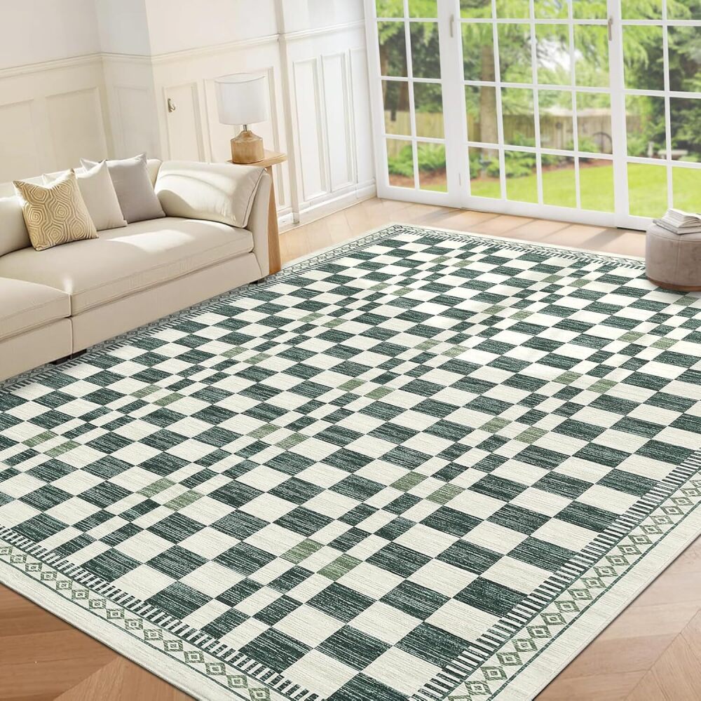 GarveeHome Washable Area Rug 8x10 for Bedroom Modern Abstract Checkered Carpet Non-Slip Low Pile Stain-Resistant Rugs No-Shedding High Traffic Dining Area Rug for Dorm Home Patio Laundry Room Green - Image 4 - Lot 9799