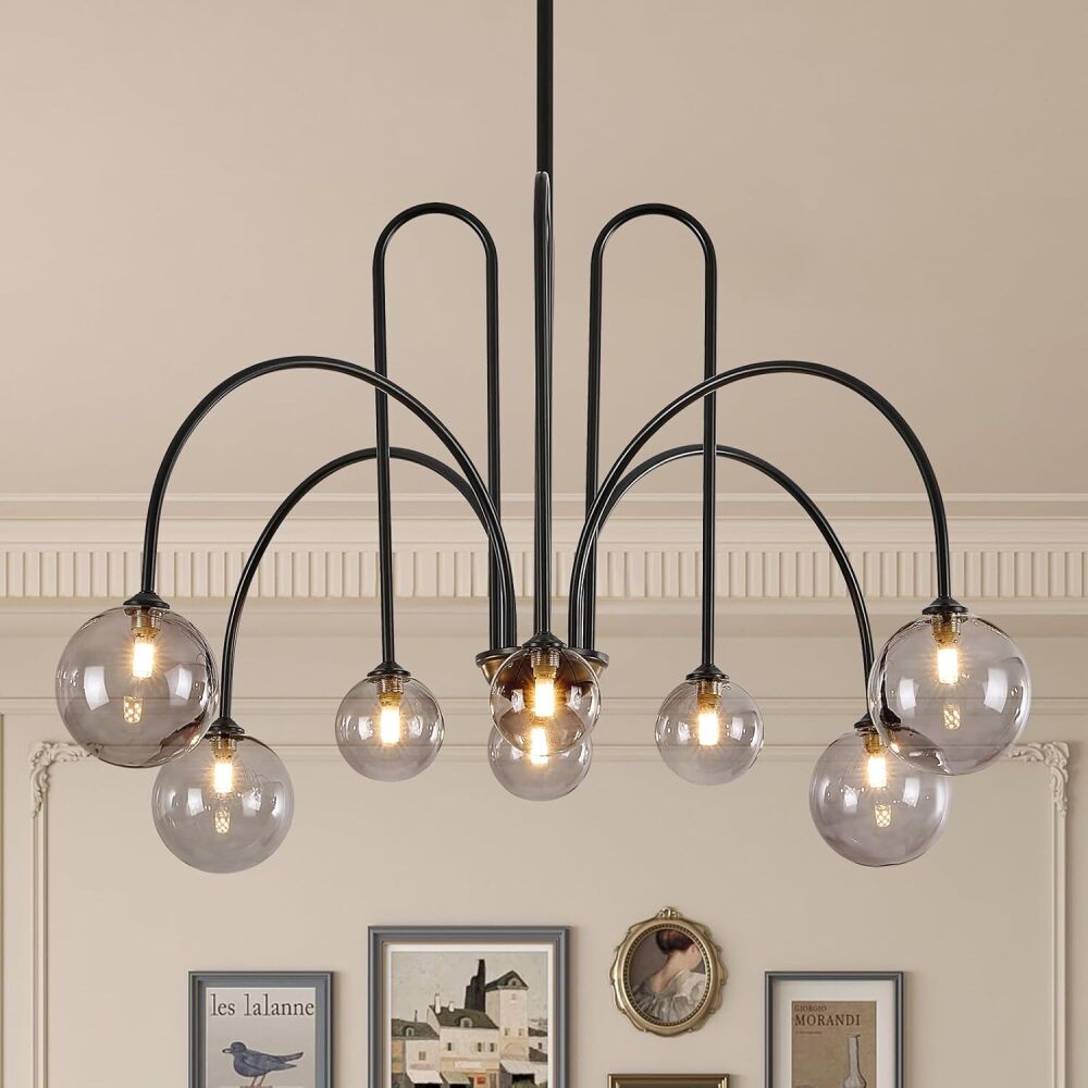 8 Lights Modern Sputnik Chandelier Large Luxury L41” Black Mid Century Smoke Glass Globe Ceiling Pendant Lighting Contemporary for Foyer Staircase Living Dining Room Kitchen - Image 1 - Lot 9840