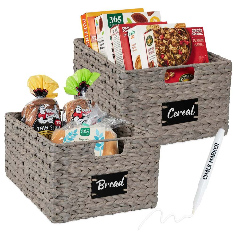 Set of 2 Water Hyacinth Pantry Baskets w/ Chalkboard, Marker - 16in - Image 1 - Lot 9841