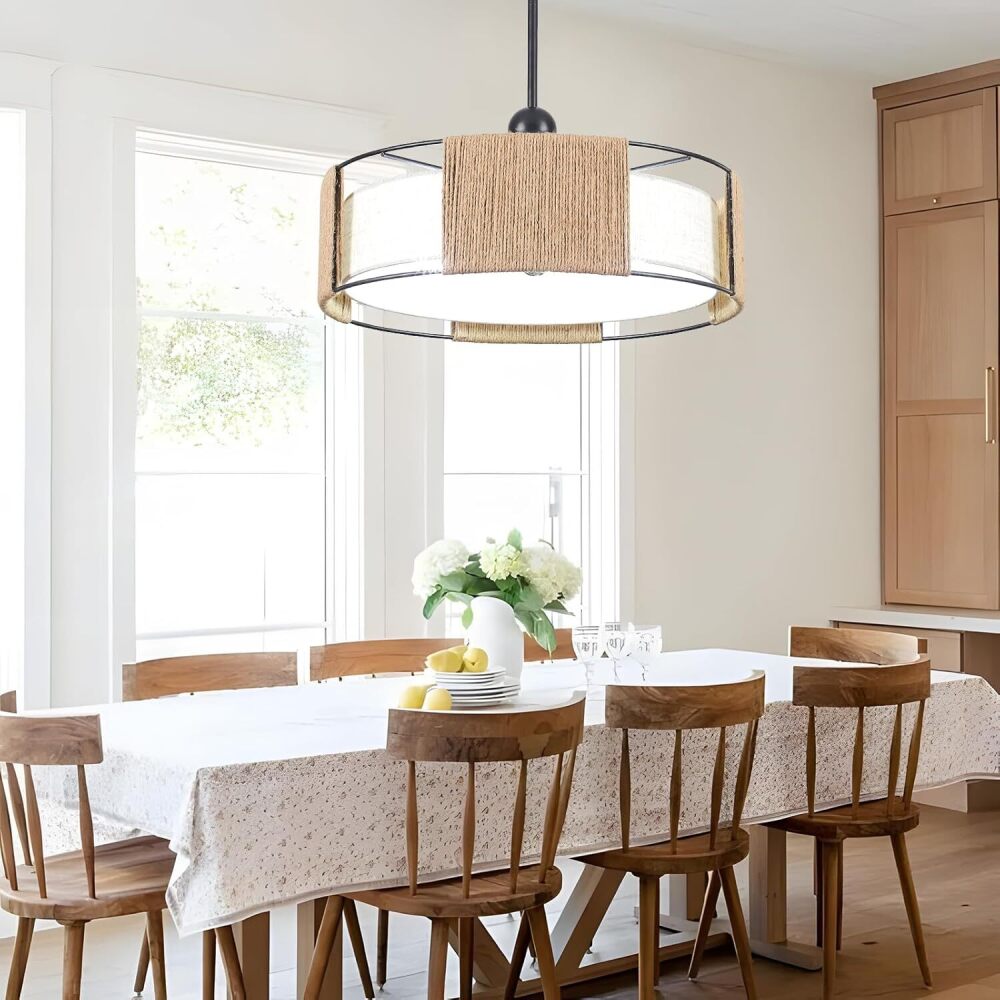 19.7" Boho Rattan Chandelier, 5-Light Dining Room Chandelier, Rustic Chandelier with Fabric Lampshade, Suitable for Farmhouse Dining Room, Living Room, Kitchen Bedroom, Hallway Stairs Hanging - Image 1 - Lot 9845