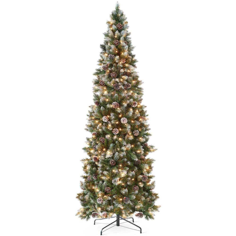 Pre-Lit Partially Flocked Pencil Christmas Tree w/ Pine Cones, Metal Stand - Image 1 - Lot 9851