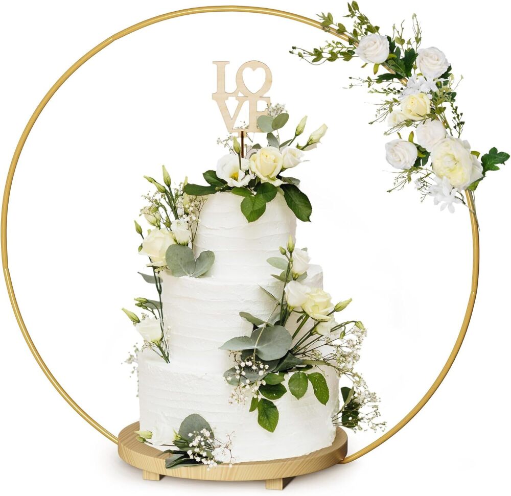 Wedding Cake Stand 16 Inch Round - Rustic Wooden Base Cake Display Stand with Gold Metal Floral Centerpiece, Cake Table for 3 Tiered Cake, Desserts Stand for Party, Cupcakes Stands for Dessert Display, Screws Included - Image 1 - Lot 9855