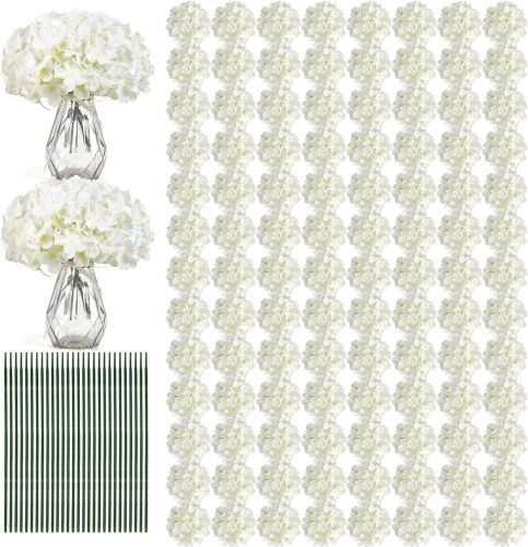 Auihiay 204PCS Hydrangea Artificial Flowers, Silk Artificial Hydrangea Flowers Heads with Stems, Faux White Flowers for Wedding Centerpieces, Arch and Background, Bridal Shower and Home Decor (Ivory) - Lot 9865