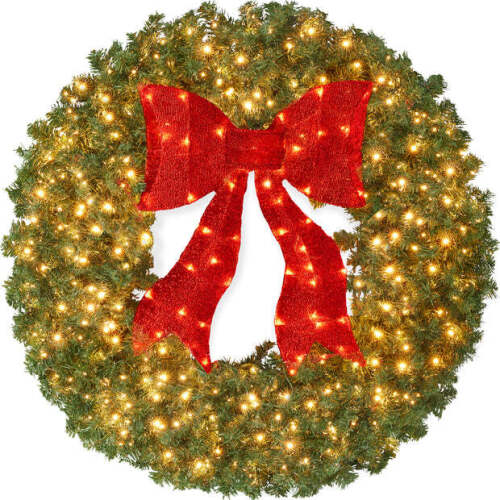 Pre-Lit Artificial Fir Christmas Wreath w/ Red Bow, LED Lights - Lot 9842