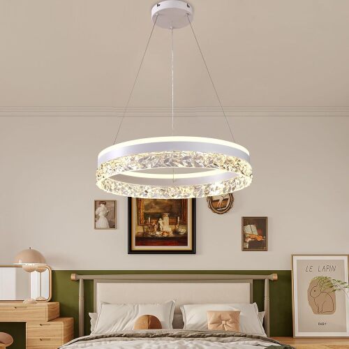 Modern Chandelier with LED, Dimmable Round Chandeliers with Remote Control, 3-Color Acrylic Pendant Light Fixture for Living Room Dining Room Bedroom D19.7in/50cm White - Lot 9834