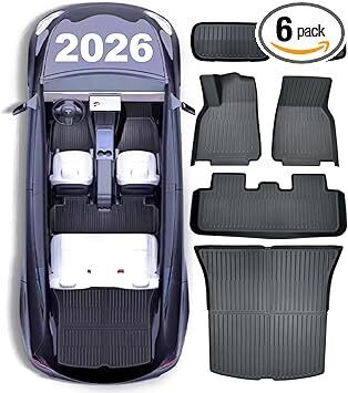 Full Set Floor Mats for New Tesla Model Y 2025 2026 Juniper(Rear with Screen) All Weather Floor Mats(5-seat), Tesla Y Frunk Trunk Mat Rear Cargo Liner,Tesla Model Y Accessories 2026(6 PCS) - Lot 9864