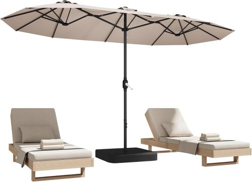 15ft Patio Umbrella with Base,Large Outdoor Double-Sided Rectangle Umbrella with Crank Handle, Market Umbrella for Poolside Garden Deck Backyard Beach Pools, Beige - Lot 9894
