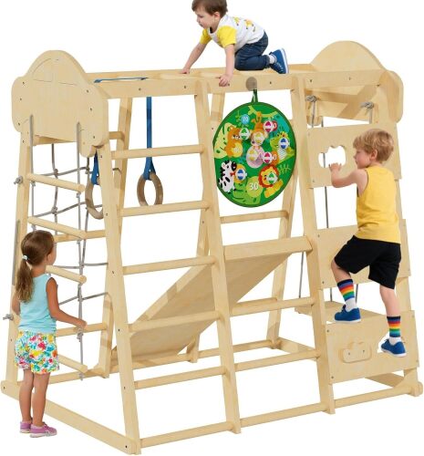 9-in-1 Indoor Jungle Gym,Kids Indoor Playground,Inside Playground Climbing Toys for Toddlers,Climbing Toys for Kids with Slide,Rope Ladder,Monkey Bars and Hanging Ring, Gift for Boys and Girls - Lot 9900