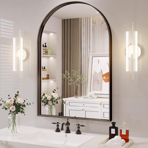 Arch Mirror for Wall, 24 x 36 Inch Black Arch Mirror for Bathroom, Arched Wall Mirror, Aluminum Alloy Frame Black Bathroom Vanity Mirror for Living Room Bedroom Entryway Mantel Hallways Decor - Lot 9905