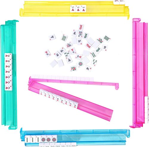 Mahjong Tile Racks with Pushers, 4 Colors, Translucent Plastic Holders - Lot 9930