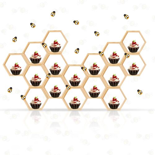 15 Pcs Hexagon Honeycomb Cupcake Stand, Wooden Cupcake Stand with 30 pcs Little Bee Decorations for Baby Shower and Boy/Girl Birthday Party - Lot 9935
