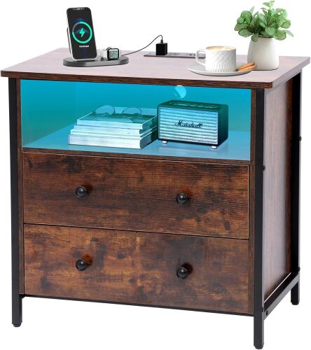 27 Inch Wide Night Stand, Large Wood Night Stand with 2 Drawers, LED Nightstand with Charging Station and Adjustable Drawer, Bedside Table for Living Room/Bedroom/Study/Office, Retro - Lot 9955