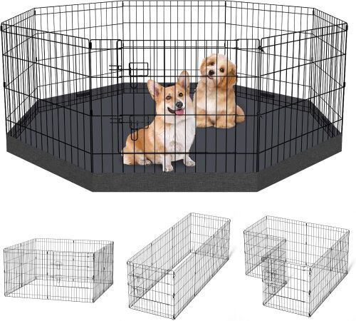 Dog Pen Pet Playpen Dog Fence Indoor Foldable Metal Wire Exercise Puppy Play Yard Pet Enclosure Indoor Outdoor 8 Panels 24 Inch with Bottom Pad/Top Cover (Black with Bottom pad) - Lot 9980
