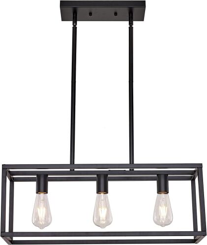Farmhouse Rectangle Chandeliers for Dining Rooms, Modern Linear Hanging Light Fixture Matte Black 3-Light Industrial Pendant Lighting for Kitchen Island - Lot 9990