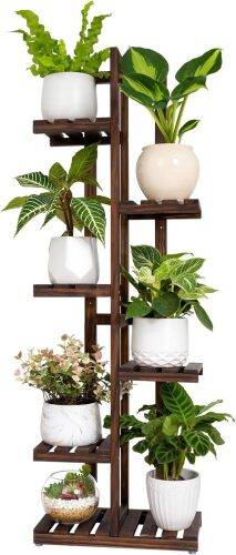 Mkono Wood Plant Stand 6 Tier 7 Potted Plant Shelf Indoor Outdoor Tall Multi-tiered Flower Pot Holder Modern Ladder Storage Rack Display Planter for Patio Garden Corner Balcony Living Room, Brown - Lot 9901