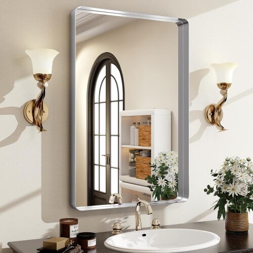 Silver Bathroom Mirror for Wall, 36x24 Inch Rectangular Aluminum Alloy Framed Mirror, Modern Wall Mounted Vanity Mirror for Bathroom, Vertical or Horizontal - Lot 9995