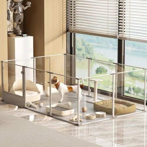 BingoPaw Acrylic Litter Box XXL Dog Fence: 10-Piece Puppy Run 60 cm High, Gridless Dog Playpen with Door and Waterproof Base, Puppy Fence, Flat Playpen for Dogs and Cats - Lot 9918