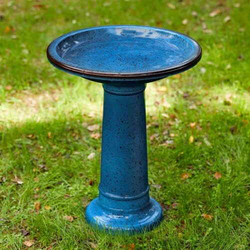 Glitzhome 21.5" H Plastic Cobalt Blue Faux Ceramic Bird Bath for Outside, Hand-Painted Tall Pedestal Style Birdbath for Outdoor Patio Garden Backyard Decking - Lot 9938