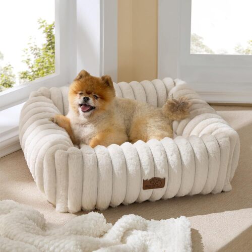 Bedsure Cute Dog Bed for Small Medium Dogs - Washable Furry Puppy Beds, Rectangle Orthopedic Corduroy Fleece Pet Beds with Removable Zipper Cover - Lot 9948