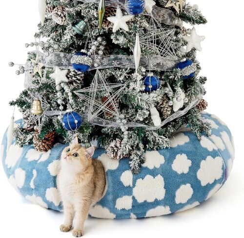 Lesure Cat Tunnel Bed for Indoor Cats - Cute Cat Donut Tunnel Toys for Small Large Cats with Washable Circle Cushion, Round Pet Peekaboo Cave Toy for Kitten/Puppy/Rabbit, Standard Cozy Clouds Blue - Lot 9958