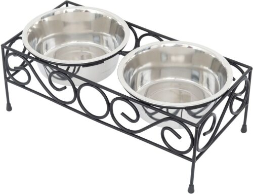 Iconic Pet Elevated Wired Non-Skid Stainless-Steel Double Diner Dog Bowl, Black, Medium: 32-oz - Lot 9909