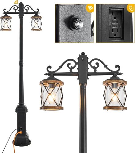 Dusk to Dawn Outdoor Lamp Post Lights with GFCI Outlet,Double-Head Farmhouse Street Light Fixture,Aluminum Black Pole Exterior Lights, Waterproof Lantern Outdoor Lighting for Garden, Backyard, Driveway - Lot 9920