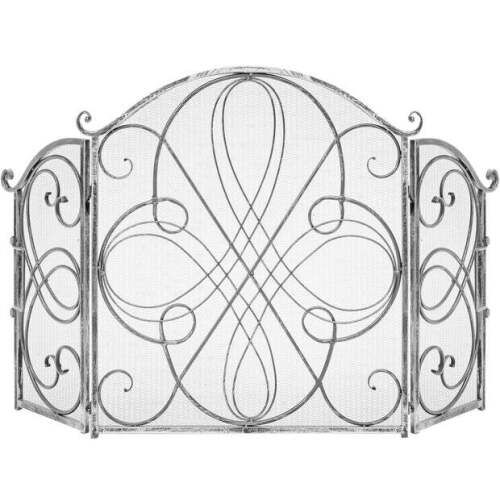 3-Panel Wrought Iron Metal Fireplace Screen Cover w/ Scroll Design - 55x33in - Lot 9916