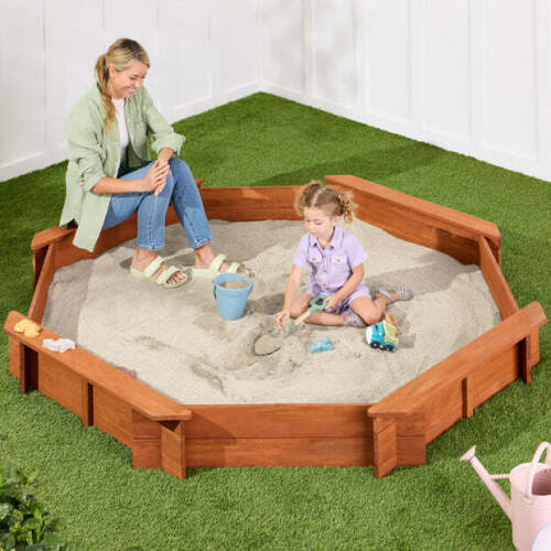 Kid's Wooden Octagonal Sandbox w/ Sand Cover, 4 Reinforced Benches, 8 Seats - Lot 9991