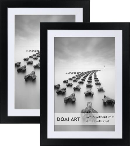 DOAI ART 24x36 Poster Frame Black 2 Pack without Mat or 20x30 Picture Frame with Mat - Polished Plexiglass for Wall Vertically or Horizontally Display - Wall Mounting Hardware Included - Lot 107