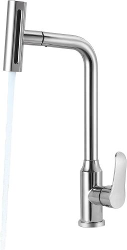 Waterfall Kitchen Faucet with Pull-Out Sprayer with 4 Modes Sprayer, Stainless Steel 360° Swivel Kitchen Sink Faucet, High Arc Single Hole Sink Faucet (Silvery) - Lot 177