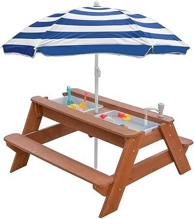 Kids 3-in-1 Sand & Water Table, Wood Outdoor Convertible Picnic Table with Umbrella, 2 Trays, Removable Top with Faucet, Picnic for Outdoor (Brown/Navy) - Lot 178
