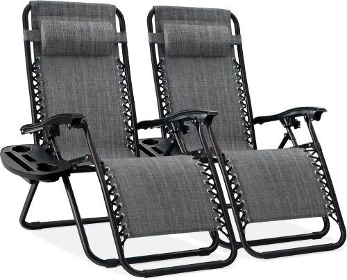 Set of 2 Adjustable Steel Mesh Zero Gravity Lounge Chair Recliners w/Pillows and Cup Holder Trays - Gray - Lot 7163