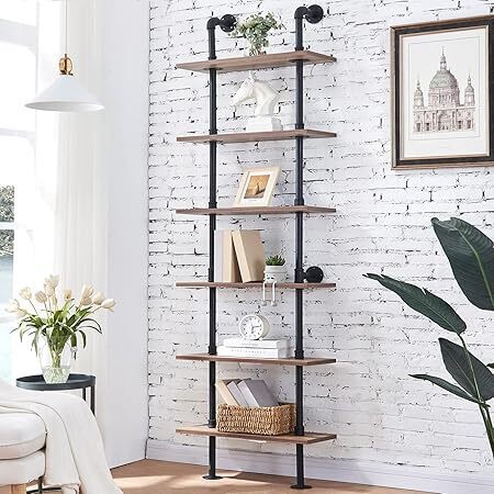 Industrial Pipe Bookshelf,6 Tier Pipe Shelving,Wall Mounted Ladder Shelves with Metal Frame for Home Office,Living Room,Oak Brown - Lot 108