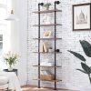 Industrial Pipe Bookshelf,6 Tier Pipe Shelving,Wall Mounted Ladder Shelves with Metal Frame for Home Office,Living Room,Oak Brown - Thumbnail 1