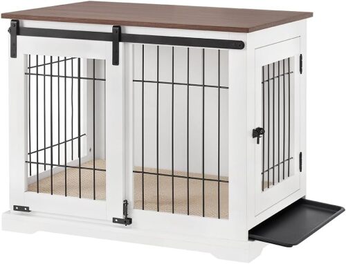 beeNbkks Dog Crate Furniture with Sliding Barn Door, Stylish Double Doors Wooden Kennel with Tray and Cushion, Decorative Indoor Pet House Side End Table for Medium Large Dogs - Lot 205
