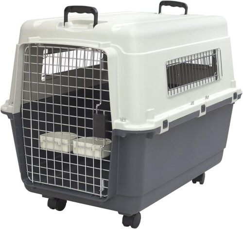 SportPet Designs Plastic Kennels Rolling Plastic Wire Door Travel Dog Crate- Large Kennel, Gray - Lot 230