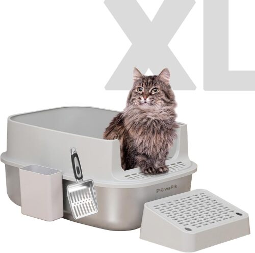 PawsPik Enclosed XL Stainless Steel Litter Box with high Wall Sides, Leak-Resistant, Easy Cleaning, with Lid, Step, and Metal Scooper (Light Gray) - Lot 240