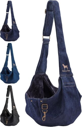 Noah & Paw Dog Sling Carrier for Small Dogs 3-10lb, Dog Sling for Small Dogs and Cats, Dog Carrier with Adjustable Padded Strap, Premium Denim, Lined with Fur, Double Safety Feature, Machine Washable - Lot 265