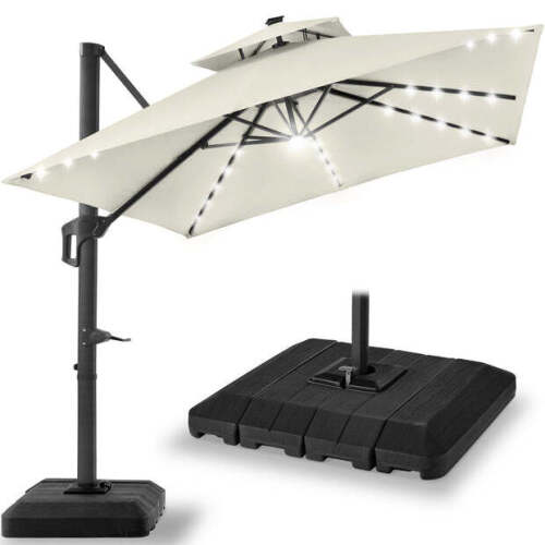 2-Tier Square LED Cantilever Offset Umbrella w/ 360 Rotation, Base - 10x10ft - Lot 237